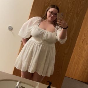 White flowy lantern sleeve square neck mini dress a line